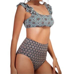 New Mooncore Two Piece Blue Print Ruffle Bikini Set Women's Size Small New